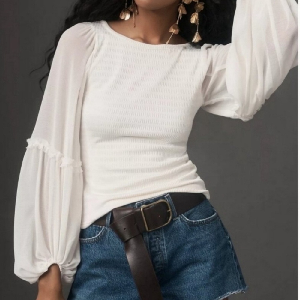 Anthropologie White Fitted Ruffled Bishop Sleeve Blouse